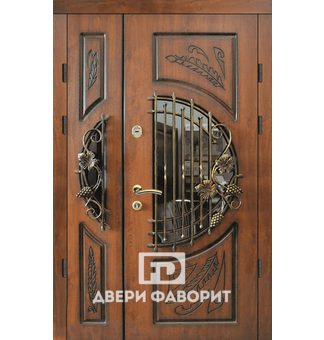 стальная двухстворчатая дверь с терморазрывом и стеклянными вставками с ковкой