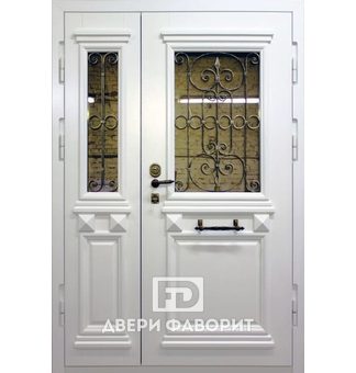двустворчатая металлическая дверь с ковкой и стеклом
