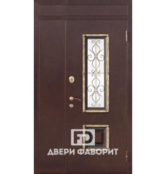 недорогая двустворчатая дверь с верхней и боковой вставкой, со стеклом и ковкой
